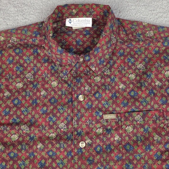 Columbia Shirt Mens‎ Large Red Button Down Short Sleeve Geometric Pocket - Picture 2 of 13